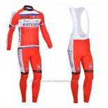 2013 Cycling Jersey Katusha White and Red Long Sleeve and Bib Tight