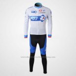 2010 Cycling Jersey FDJ White and Light Blue Long Sleeve and Bib Tight