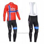 2013 Cycling Jersey Sky Champion Norway Blue and Red Long Sleeve and Bib Tight